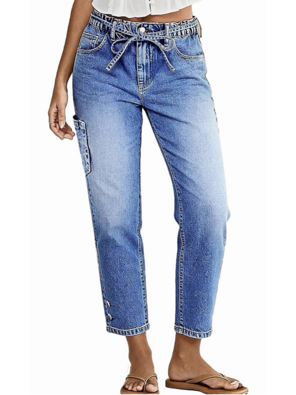 Flamingals Straight Leg Cropped Jeans Mid Rise Button Hem Belted S